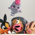  3d animal_focus artist_name grey_background henry_vargas highres lechonk lying no_humans on_side open_mouth pig pokemon pokemon_(creature) spoink swinub tepig 