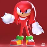  1boy 3d artist_name clenched_hand frown full_body furry furry_male henry_vargas highres knuckles_the_echidna looking_at_viewer purple_eyes red_background shoes sonic_(series) standing 