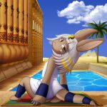  1other ambiguous_gender animal_ears ankha_(animal_crossing) ankha_(animal_crossing)_(cosplay) bangs bob_cut cloud cosplay egypt egyptian egyptian_art furry hair_ornament highres horizontal_pupils looking_at_viewer looking_back made_in_abyss nanachi_(made_in_abyss) other_focus outdoors palm_tree pillar pyramid rabbit_ears sitting sky smugbuns snake_hair_ornament tail tree water whiskers white_hair yellow_eyes 
