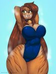  2022 anthro bell bell_collar big_breasts bodily_fluids breasts brown_hair clothed clothing collar digital_media_(artwork) eyelashes fangs felid female green_eyes hair hands_behind_head hi_res jingle_bell lira_(remix1997) long_hair machairodontine mammal one-piece_swimsuit racoe sabertooth_(anatomy) simple_background smile solo sweat swimwear thick_thighs wide_hips 