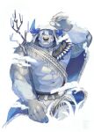  1boy animal_ears animal_nose arm_tattoo bara big_foot_(housamo) blue_eyes blue_horns body_fur brown_fur commentary_request cow_ears cow_horns feathers fringe_trim frown furry furry_male hair_between_eyes hand_up highres holding holding_staff hood hood_up horns itohiro03 male_focus minotaur muscular muscular_male native_american native_american_clothes simple_background snow solo staff tattoo tokyo_afterschool_summoners upper_body white_background white_fur white_hair 