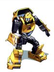  autobot blue_eyes bumblebee_(transformers) english_commentary espen_grundetjern gift_art glowing glowing_eyes gun holding holding_gun holding_weapon horns mecha open_hand science_fiction solo transformers weapon white_background 
