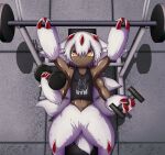  1girl bench_press black_tank_top brown_eyes claws dark_skin dumbbell extra_arms faputa fewer_digits from_above hair_between_eyes highres holding made_in_abyss monster_girl smugbuns tank_top very_dark_skin weightlifting white_fur 