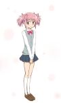  1girl bow cosplay costume_switch hair_ribbon kaname_madoka kinfuji loafers magia_record:_mahou_shoujo_madoka_magica_gaiden mahou_shoujo_madoka_magica pink_eyes pink_hair ribbon school_uniform shoes short_hair short_twintails smile solo takarazaki_school_uniform twintails 