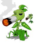  absurdres astroinfinite black_sclera blue_eyes cigarette colored_sclera full_body highres leaf looking_at_viewer no_humans peashooter_(pvz) plant plants_vs_zombies reference_inset signature simple_background smoke smoking solo white_background 