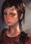  1girl backpack bag blue_eyes brown_hair closed_mouth ellie_(the_last_of_us) freckles hungry_clicker lips looking_at_viewer red_shirt revision scar scar_on_face shirt solo the_last_of_us upper_body 