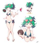  1girl absurdres alternate_hairstyle bangs bikini black_bikini black_ribbon coconut drinking_straw eyewear_on_head flat_chest flip-flops full_body green_eyes hair_ribbon halterneck heart heart-shaped_eyewear highres knees_together_feet_apart kuromaruart looking_at_viewer multiple_views navel one-punch_man petite ponytail ribbon sandals short_hair simple_background swimsuit tatsumaki white_background 