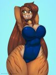  2022 anthro bell bell_collar big_breasts breasts brown_hair clothed clothing collar digital_media_(artwork) eyelashes fangs felid female green_eyes hair hands_behind_head hi_res jingle_bell lira_(remix1997) long_hair machairodontine mammal one-piece_swimsuit racoe sabertooth_(anatomy) simple_background smile solo swimwear thick_thighs wide_hips 