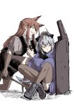  2girls animal_ear_fluff animal_ears arknights black_footwear black_skirt blue_coat brown_eyes brown_gloves brown_hair brown_legwear coat dragon_girl dragon_horns dragon_tail elbow_gloves eyebrows_visible_through_hair fox_ears franka_(arknights) full_body gloves grey_hair grey_shirt gun hand_on_another&#039;s_head haruichi_(sazanami_complex) high-waist_skirt holding holding_gun holding_sword holding_weapon horns knees_up liskarm_(arknights) long_hair long_sleeves multiple_girls one_knee open_clothes open_coat open_mouth puffy_long_sleeves puffy_sleeves red_eyes riot_shield seiza shield shirt shoes short_hair short_ponytail short_sleeves simple_background sitting skirt sneakers sword tail thighhighs trigger_discipline v-shaped_eyebrows weapon white_background 