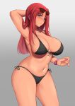  1girl arm_behind_head arm_up bikini black_bikini black_ribbon blue_eyes blush bracelet breasts collarbone commentary cowboy_shot english_commentary eyewear_on_head gradient gradient_background highres jewelry kauru00 large_breasts long_hair looking_at_viewer navel original pink_nails red_hair ribbon side-tie_bikini simple_background solo standing stomach sunglasses swimsuit 