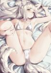  1girl animal_ears arknights bare_legs bra commentary feet_out_of_frame flat_chest grey_eyes highres long_hair looking_at_viewer lying nashidrop navel on_back panties platinum_(arknights) solo stomach tail thighs underwear underwear_only white_bra white_hair white_panties 
