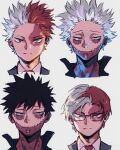  2boys black_eyes black_hair blue_eyes boku_no_hero_academia burn_scar cheek_piercing dabi_(boku_no_hero_academia) glasses grey_eyes heterochromia highres messy_hair multicolored_hair multiple_boys multiple_scars multiple_views piercing portrait red_hair scar scar_on_face scar_on_neck sharl0ck simple_background spiked_hair split-color_hair spoilers staple stapled stitches todoroki_shouto todoroki_touya two-tone_hair white_background white_hair 