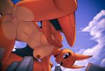  anthro breasts butt chari-gal charizard city female genitals hi_res horn macro nintendo nipples orange_body pok&eacute;mon pok&eacute;mon_(species) pose pussy redmn sky smile solo video_games wings 