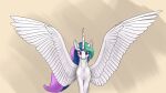  16:9 4k absurd_res digital_media_(artwork) equid equine feathered_wings feathers female feral friendship_is_magic hair hasbro hi_res horn looking_at_viewer mammal multicolored_hair my_little_pony pink_eyes princess_celestia_(mlp) solo spread_wings tenebrisnoctus white_body white_feathers widescreen winged_unicorn wings 