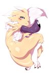  2020 3_toes anthro armwear_only bandai_namco blue_eyes blush claws digimon digimon_(species) dipstick_ears dipstick_tail feet female fur hi_res leisure_bug markings mostly_nude multicolored_ears one_eye_closed renamon simple_background solo tail_markings toes tuft white_background white_body white_fur wink yellow_body yellow_fur 