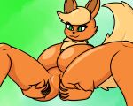  absurd_res anthro breasts eeveelution featureless_breasts featureless_crotch female flame_(pkmndiamond493) flareon gradient_background green_eyes grey_scale_dragon hand_on_butt hi_res lying nintendo on_back orange_body pok&eacute;mon pok&eacute;mon_(species) simple_background smile solo solo_focus spread_legs spreading video_games 