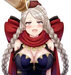  1boy 1girl ahoge bangs between_breasts blush braid breasts capelet chest_harness cleavage closed_eyes commission commissioner_upload fire_emblem fire_emblem_fates fire_emblem_heroes gloves hairband harness headpat heart heart-shaped_pupils highres hood hooded_capelet kiran_(fire_emblem) large_breasts leather leather_gloves leather_strap long_hair nina_(fire_emblem) non-web_source official_alternate_costume open_mouth saikunartworks smile strap_between_breasts sweat symbol-shaped_pupils transparent_background twin_braids upper_body 