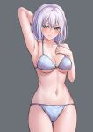  1girl aqua_eyes arm_behind_head arm_up armpits bang_dream! bangs bare_arms bare_shoulders bikini blush breasts cameltoe cleavage closed_mouth collarbone commentary_request cowboy_shot eyebrows_visible_through_hair grey_background grey_bikini grey_hair groin hair_between_eyes halter_top halterneck hand_on_own_chest hand_up highres kurata_mashiro large_breasts looking_at_viewer medium_hair navel ptal simple_background solo standing stomach string_bikini swimsuit underboob water_drop wet wet_hair 