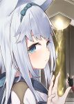  1girl animal_ears blue_eyes bow close-up eyebrows_visible_through_hair fingerless_gloves gloves hair_bow hair_ribbon long_hair original ribbon smile tears tokuno_yuika waving white_hair 