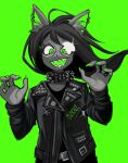  1girl animal_ear_fluff animal_ears black_hair collar colored_skin dog_ears earrings eyelashes fingernails glasses green_background green_eyes grey_skin highres homestuck jacket jade_harley jewelry leather leather_jacket long_hair open_mouth sharp_fingernails sharp_teeth spiked_collar spikes studded_jacket tealidium teeth 