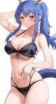  1girl absurdres arknights arm_up armpits bangs bikini black_bikini black_ribbon blue_hair blush breasts bright_pupils ch&#039;en_(arknights) ch&#039;en_the_holungday_(arknights) cleavage collarbone cowboy_shot dragon_girl dragon_horns dragon_tail elite_ii_(arknights) eyebrows_visible_through_hair front-tie_bikini front-tie_top highres horns karacak large_breasts long_hair looking_at_viewer navel official_alternate_hairstyle parted_lips ponytail red_eyes ribbon sidelocks simple_background skindentation solo stomach swimsuit tail underboob white_background 