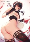  1girl ass bare_shoulders black_hair breasts covered_nipples embarrassed foreshortening from_behind highres liremi long_hair looking_at_viewer looking_back looking_down maid_headdress red_eyes shirt sleeveless sleeveless_shirt solo spy_x_family underboob yor_briar 