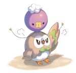  =3 bird bright_pupils brown_eyes commentary_request drifloon mokukitusui no_humans on_head open_mouth pokemon pokemon_(creature) pokemon_on_head rowlet tongue white_background white_pupils 