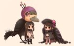  2girls akemi_homura animal argyle_footwear arms_at_sides bangs bird black_cloak black_footwear black_hair boots capelet chibi cloak commentary_request crop_top doppel_(madoka_magica) dot_mouth expressionless eyebrows_visible_through_hair familiar_(madoka_magica) frilled_skirt frills gem hairband high_heels ichizo_(madoka_magica) kuroe_(magia_record) layered_skirt layered_sleeves liese_(madoka_magica) long_hair long_sleeves magia_record:_mahou_shoujo_madoka_magica_gaiden magical_girl mahou_shoujo_madoka_magica midriff miniskirt multiple_girls navel neck_ribbon no_nose oversized_animal pink_legwear pink_skirt pleated_skirt purple_capelet purple_eyes purple_gemstone purple_ribbon purple_skirt ribbon rioran sandals see-through see-through_skirt shirt short_hair sidelocks signature simple_background skirt straight_hair swept_bangs thigh_boots thighhighs thighlet toeless_legwear twitter_username white_background white_shirt wing_collar zettai_ryouiki 