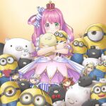  1girl amane_kanata bracelet candy_hair_ornament character_doll crown despicable_me doll dress food-themed_hair_ornament green_eyes hair_ornament heterochromia highres himemori_luna holding holding_doll holoforce hololive jewelry kiryu_coco long_hair minion_(despicable_me) pink_dress pink_hair pink_nails purple_eyes shio_no.9 smile solo tokoyami_towa tsunomaki_watame virtual_youtuber 