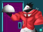  animal_humanoid anthro avian avian_humanoid blecksart clothing deltarune humanoid male necktie red_clothing red_eyes red_necktie serving serving_tray solo suit swatchling undertale_(series) video_games waiter 