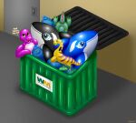  animate_inanimate black_body blue_body blue_eyes diaper dinosaur door dumpster inflatable living_inflatable looking_at_viewer male pascalrascal pink_body reptile scalie simple_background solo text trashbag waste_management white_body yellow_body zoran 