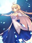  1girl antenna_hair aoten_(aoiroarekore) arcueid_brunestud bangs bare_shoulders blonde_hair blue_skirt breasts cleavage closed_mouth detached_sleeves dress elbow_gloves eyebrows_visible_through_hair flower full_moon gloves highres long_hair looking_at_viewer medium_breasts moon red_eyes serious skirt solo tsukihime tsukihime_(remake) white_dress white_gloves 