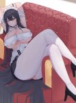  1girl absurdly_long_hair absurdres arm_garter arms_behind_head ass_cutout azur_lane black_footwear black_hair breasts choker clothing_cutout couch english_commentary frilled_choker frills full_body high_heels highres huge_breasts indomitable_(azur_lane) indomitable_(ms._motivationless_maid)_(azur_lane) indoors kurarashi long_hair maid maid_headdress official_alternate_costume on_couch one_eye_closed pantyhose shoes solo very_long_hair white_legwear yellow_eyes 