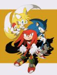  3boys animal_ears aoki_(fumomo) blonde_hair blue_eyes blue_hair fox fox_ears fox_tail gloves green_eyes hedgehog knuckles_the_echidna multiple_boys multiple_tails purple_eyes red_hair smile sonic_(series) sonic_heroes sonic_the_hedgehog tail tails_(sonic) 