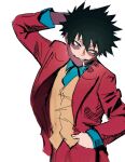  1boy blue_eyes boku_no_hero_academia burn_scar cheek_piercing cigarette cosplay dabi_(boku_no_hero_academia) formal hand_in_pocket highres joker_(2019) joker_(dc) joker_(dc)_(cosplay) male_focus messy_hair multiple_scars orange_vest red_suit scar scar_on_neck sharl0ck simple_background smoking solo suit vest white_background 