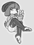  anthro beanie black_clothing black_legwear bottomless canid canine canis clothed clothing domestic_dog female fifi_(somemf) genitals gesture hat headgear headwear hi_res joooji legwear looking_at_viewer mammal monochrome pawpads paws poodle pussy solo sweater thigh_highs topwear v_sign 