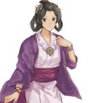  1girl ace_attorney bead_necklace beads black_eyes black_hair cosplay costume_switch hair_ornament hair_rings hand_up jacket japanese_clothes jewelry maya_fey necklace no_bangs shimomoki smile solo susato_mikotoba the_great_ace_attorney white_background 