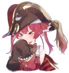  &gt;_&lt; 1girl bangs blush commentary_request covering_mouth hair_ribbon hat highres hololive houshou_marine long_hair o_(jshn3457) off_shoulder pirate pirate_hat red_hair red_ribbon ribbon sleeveless sleeves_past_wrists solo twintails virtual_youtuber white_background 