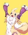  2020 absurd_res anthro armwear_only bandai_namco blue_eyes blush claws digimon digimon_(species) dipstick_ears dipstick_tail female fur hi_res leisure_bug markings mostly_nude multicolored_ears navel open_mouth renamon simple_background solo tail_markings teeth tongue tuft white_body white_fur yellow_background yellow_body yellow_fur 
