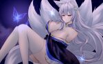  1girl animal_ears azur_lane bare_shoulders blue_butterfly blue_collar breasts bug butterfly cleavage collar feet_out_of_frame fox_ears fox_girl fox_tail highres japanese_clothes kimono kitsune kyuubi large_breasts large_tail long_hair looking_at_viewer multiple_tails nanako94418108 off_shoulder pleated_skirt purple_kimono shinano_(azur_lane) skirt solo tail thighhighs very_long_hair white_hair white_legwear white_skirt white_tail 