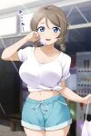  1girl bag barkhorn0331 blue_eyes blue_shorts breasts cleavage food grey_hair hand_up highres large_breasts light looking_at_viewer love_live! love_live!_sunshine!! navel open_mouth shirt short_twintails shorts smile solo sunlight tied_shirt twintails watanabe_you white_shirt 