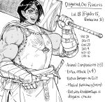 2022 absurd_res armor baalbuddy black_hair bodily_fluids english_text facial_scar female hair hi_res holding_object holding_sword holding_weapon humanoid humanoid_pointy_ears melee_weapon monochrome not_furry open_mouth open_smile orc scar smile solo sweat sword text tusks weapon 