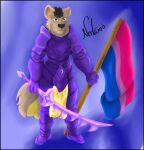  absurd_res anthro armor bisexual black_border border brown_body brown_fur canid canine canis female flag fur hi_res lgbt_pride male mammal melee_weapon notamo pride_color_flag purple_armor solo solo_focus sword weapon wolf 