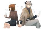  2girls arknights black_gloves black_shirt black_skirt brown_hair brown_jacket brown_sweater cigarette coffee_mug commentary cropped_legs crossed_legs cup dragon_horns dress_jacket feather_hair glasses gloves grey_hair grey_pants highres holding holding_cigarette holding_cup holding_hands horns invisible_chair jacket long_hair long_sleeves mug multiple_girls owl_ears pants saria_(arknights) shirt short_hair silence_(arknights) simple_background single_glove sitting skirt sweater symbol-only_commentary white_background yellow_eyes yuri zy_(zyyyyyyy9) 