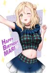  1girl bangs birthday blonde_hair blush braid breasts character_name ckst commentary crown_braid english_text eyebrows_visible_through_hair hair_rings happy_birthday heart highres large_breasts looking_at_viewer love_live! love_live!_sunshine!! medium_hair midriff navel ohara_mari one_eye_closed polka_dot polka_dot_background purple_background short_sleeves sidelocks signature smile solo sparkle two-tone_background upper_body white_background yellow_eyes 