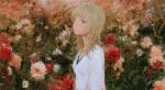  1girl blonde_hair flower highres looking_at_viewer original painting_(medium) plant portrait red_flower shirt solo traditional_media wang-xi white_shirt 