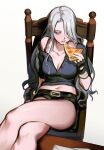  1girl belt black_gloves black_shorts blue_shirt breasts cleavage collarbone commentary crossed_legs dante_(devil_may_cry) devil_may_cry_(series) eating expressionless feet_out_of_frame fingerless_gloves food food_in_mouth genderswap genderswap_(mtf) gloves grey_eyes grey_hair hair_over_one_eye half-closed_eyes highres legs_on_table long_hair looking_down navel off_shoulder on_chair one_eye_covered partially_unbuttoned pizza pizza_slice shirt short_shorts shorts simple_background single_bare_shoulder sitting solo symbol-only_commentary thighs white_background wuliu_heihuo 