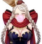  1boy 1girl ahoge bangs between_breasts braid breasts capelet chest_harness cleavage closed_eyes commission commissioner_upload fire_emblem fire_emblem_fates fire_emblem_heroes gloves hairband harness headpat highres hood hooded_capelet kiran_(fire_emblem) large_breasts leather leather_gloves leather_strap long_hair nina_(fire_emblem) non-web_source open_mouth saikunartworks smile smug strap_between_breasts transparent_background twin_braids upper_body 