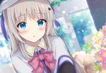  ...? 1girl bangs bat_hair_ornament beret blue_eyes blue_flower blurry blurry_background blush bow cloak commentary_request depth_of_field eyebrows_visible_through_hair fang flower grey_hair hair_ornament hat little_busters! long_hair looking_at_viewer maruma_(maruma_gic) noumi_kudryavka parted_lips pink_bow pink_flower purple_flower solo upper_body white_cloak white_flower white_headwear window 