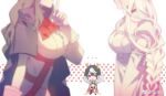  3girls ariel_(kumo_desu_ga_nani_ka?) blurry blurry_foreground breasts cape chibi choker dots gloves highres kumo_desu_ga_nani_ka? large_breasts long_hair luo_san_le multicolored_hair multiple_girls open_mouth shiraori short_hair sophia_keren_(kumo_desu_ga_nani_ka?) two-tone_hair upper_body white_background white_hair 